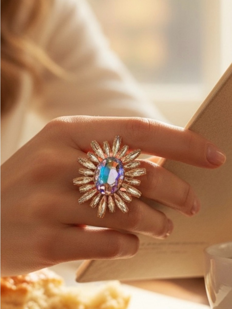 Aurora Crystal Sunburst Statement Ring  Goldtone Nwot